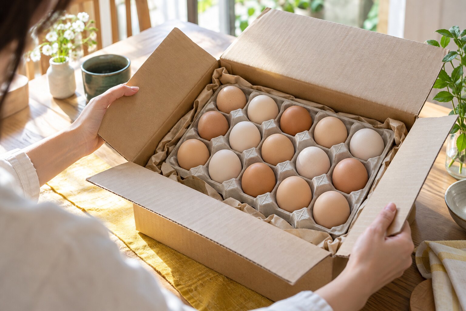 自宅に届いた新鮮な卵の箱を開ける様子